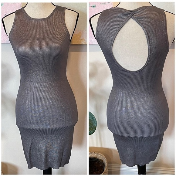 BEBE Silver Gray Metallic bodycon dress Sleeveless Cut Out Back Sz M Y2K. - Picture 1 of 10